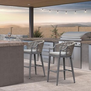 PURPLE LEAF Outdoor Bar Stools Set of 2 Patio Wicker Modern High Bar Chairs Metal Cushioned Barstools with Backs and Ergonomic Armrest - 1 of 1