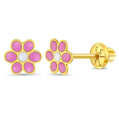 14k Yellow Gold Pink Enamel Little Ladybug Screw Back Earrings for Young  Girls