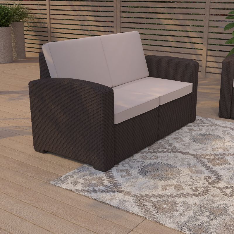 Merrick Lane Outdoor Furniture Resin Loveseat Chocolate Brown Faux Rattan Wicker Pattern 2-Seat Loveseat With All-Weather Beige Cushions, 3 of 15