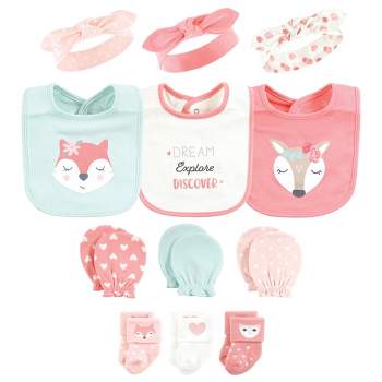 Hudson Baby Infant Girl Caps or Headbands, Bibs, Mittens and Socks 12pc Set, Woodland, 0-6 Months