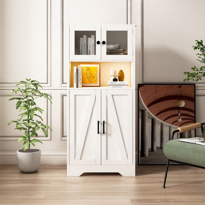 4-Door Storage Cabinet with LED Lights and Open Storage for Living Room, Dining Room, Bathroom and Kitchen, White - ModernLuxe, 2 of 11