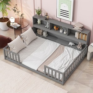 Dolonm Kid Pine Wood Floor Bed with Bedside Bookcase,Shelves,Guardrails - 1 of 4