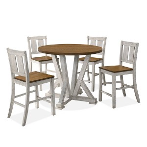 HOMES: Inside + Out 5pc Naxti Rustic Round Counter Height Dining Table Set Light Oak/Antique White: Farmhouse Style, 4 Slat Back Chairs - 1 of 4