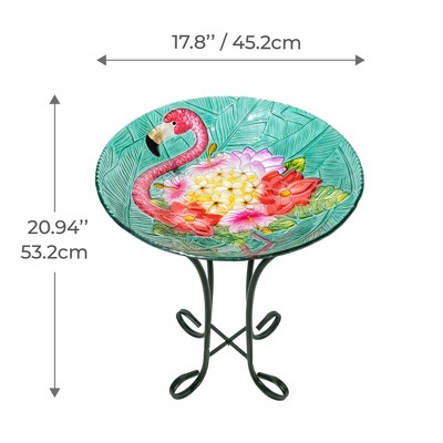 Tropical Flamingo Fusion Glass Birdbath with Metal Stand