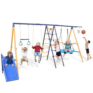 Okak 7-IN-1 Swing Set with Heavy-Duty Metal A-Frame, Toddler Swing with Slide, 2 Swing Seats, 1 Climbing Net, Ladder, 1 Gym Ring and 1 Basket, Multi - 1 of 4