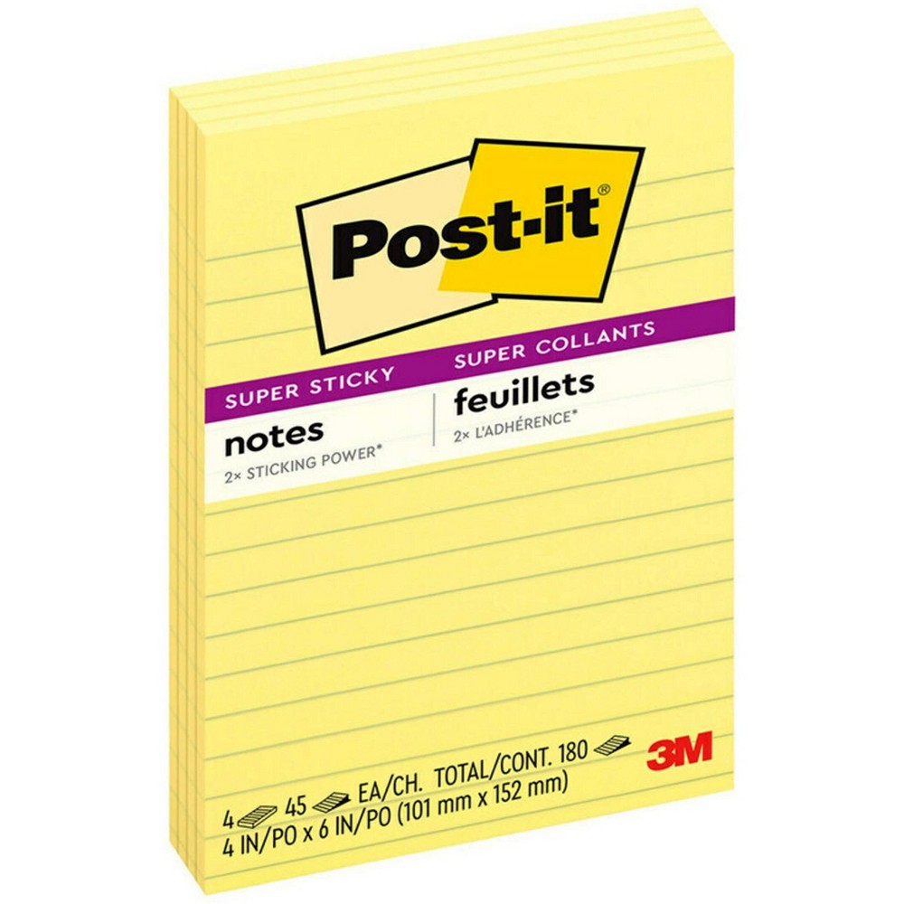 Post-it Super Sticky Notes  Lined  4 in x 6 in  Canary Yellow  4 Pads