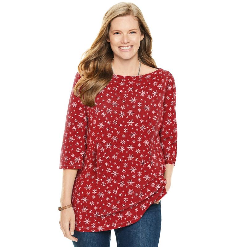 Woman Within Women's Plus Size Perfect Printed Elbow-Sleeve Boatneck Tee, 1 of 2