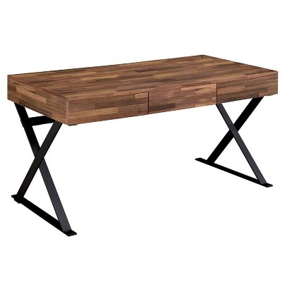 Industrial 3 Drawer Writing Desk with X Legs and Brown/Black - Benzara