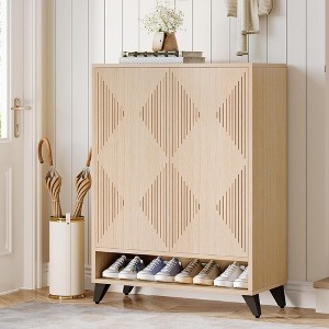 ORRD Modern 6-Tier Shoe Cabinet with Push-Open Geometric Doors, Adjustable Entryway Storage Organizer in Natural Finish - 1 of 4