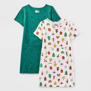 Girls' Adaptive 2pk Holiday Short Sleeve Dress - Cat & Jack™ Dark Green/Cream - 1 of 4