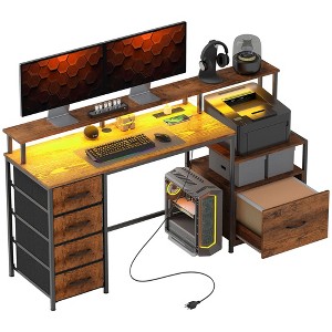 HOMCOM 67" Computer Desk with File Cabinet, Home Office Desk with Power Outlets and LED Lights, Monitor Stand and Printer Shelf - 1 of 4