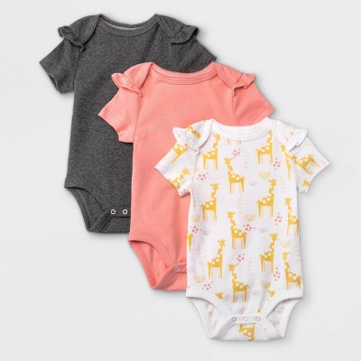Image of Baby Girls' 3pk Basic Ruffle Short Sleeve Bodysuit - Cloud Island™ Coral Newborn
