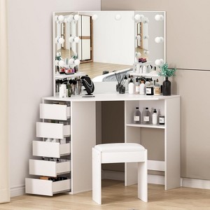 Vanity Desk with Mirror, LED Lights, Chair, Power Outlet, 5 Drawers and 3 Storage Shelves - 1 of 4