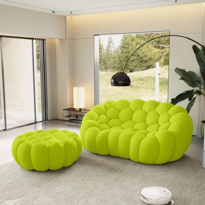 WJSHome Loveseat Bubble Sofa with Ottoman, Curved Couch, Comfy Upholstered Sofa, Mesh Fabric 3D Honeycomb Shape Modern Couch