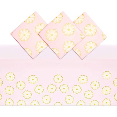 Sparkle and Bash 3 Pack Pink Daisy Plastic Tablecloth for Weddings, Baby Showers (54 x 108 in)