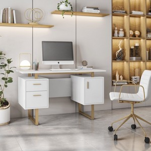 PAGED Modern Wooden Computer Desk, Home Office Desk with 3 Storage Drawers, Shelf, Elevated Wooden Desktop for Office, Study - 1 of 4