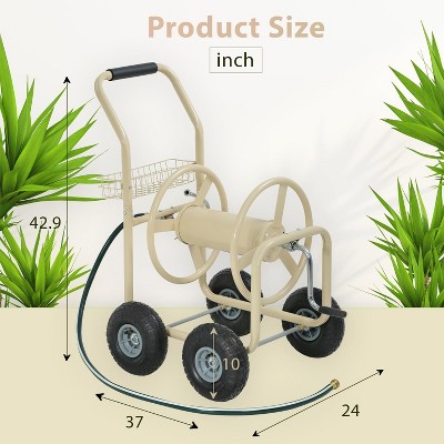 Tan Heavy Duty Metal Outdoor Hose Reel Cart with Storage Basket