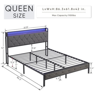 Queen Upholstered Platform Bed with Storage and LED Headboard