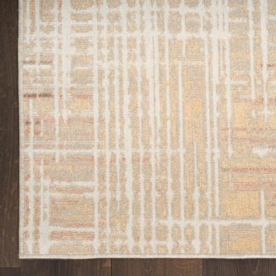 Beige Peach Abstract Polyester Machine Washable Runner Rug