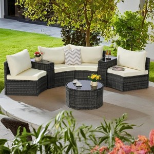 7-Piece Outdoor Patio Half-Moon Sectional Sofa Set with Tempered Glass Coffee Table - 1 of 4
