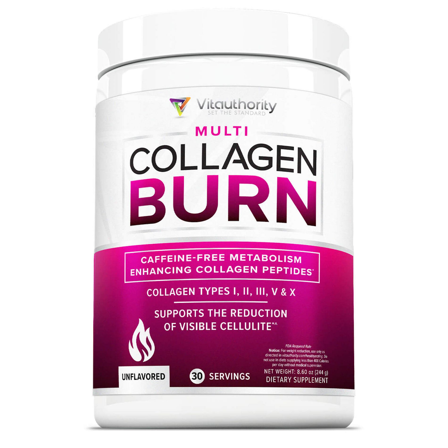 Multi Collagen Burn Powder, Hydrolyzed Collagen Peptides Powder with Types I II III V X for Weight Loss Support, Vitauthority, Unflavored