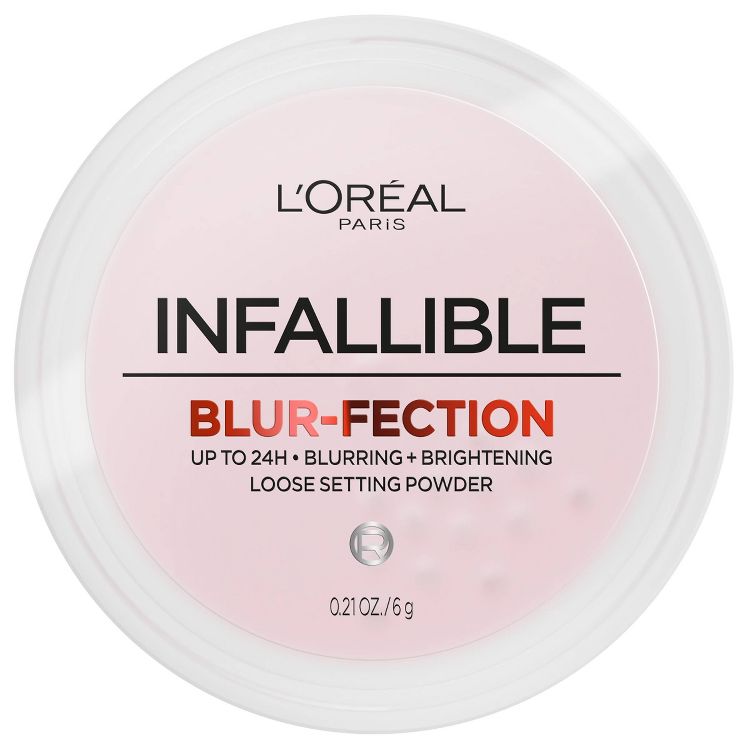 'Oréal Paris Infallible Blur-fection Loose Setting Powder. Clear round container with light pink label. Product name, "UP TO 24H • BLURRING + BRIGHTENING LOOSE SETTING POWDER," and size "0.21 OZ./6 g" are visible.