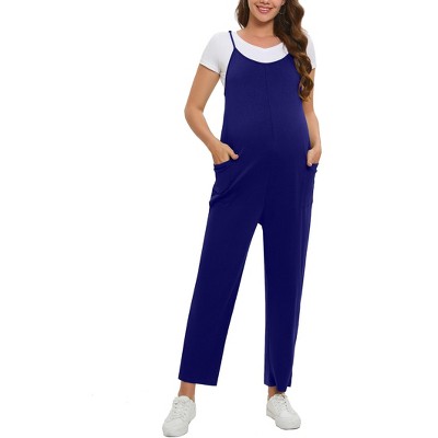 Women's Maternity Jumpsuit Wide Leg Sleeveless Adjustable Strap Pockets Casual Romper with Belt