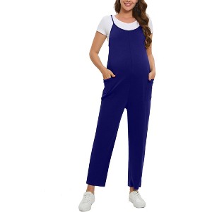 Women's Maternity Jumpsuit Wide Leg Sleeveless Adjustable Strap Pockets Casual Romper with Belt - 1 of 4