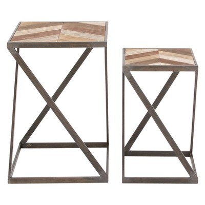 Set of 2 Metal and Wood Square Accent Tables Brown/Black - Olivia & May