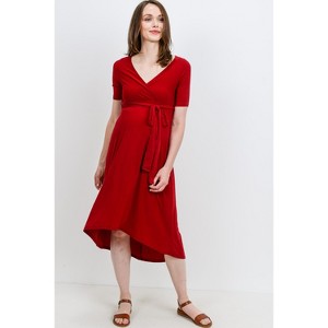 Hello Miz Women's Hi-Low Short Sleeve V Neck Maternity Wrap Dress with Belt - 1 of 4