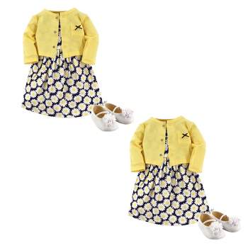 Hudson Baby Infant Girl Cotton Dress, Cardigan and Shoe Set, Daisy 6-Piece