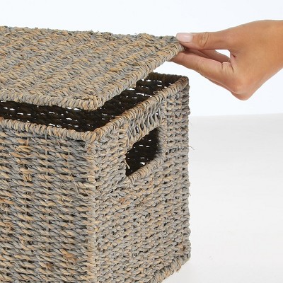 Gray Seagrass Rectangular Storage Baskets with Lids, Set of 3