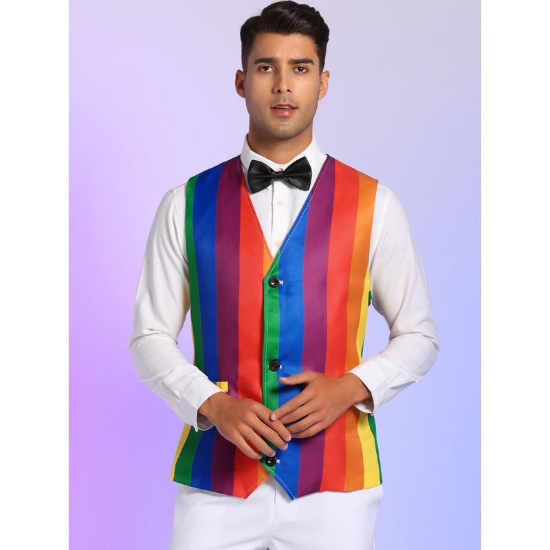 Lars Amadeus Men's Slim Fit V Neck Sleeveless Color Block Rainbow Stripes Suit Vest, 2 of 6