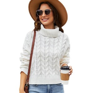 Coolmee Women's Fall Winter Turtleneck Cropped Sweater Casual Cable Knit Long Sleeve Pullover Jumper Tops - 1 of 4