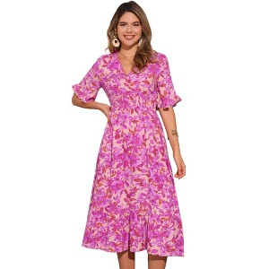 INSPIRE CHIC Women's V-neck Ruffled Hem Smocked Waist Floral Midi Dress - 1 of 4