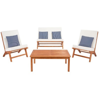 Natural Wood 4-Piece Patio Set with Beige Cushions and Navy Striped Pillows