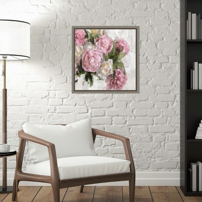 Floral Pink Peonies Canvas Wall Art with Graywash Frame