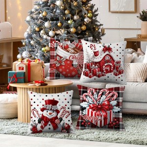 Lomsoe Christmas 4pcs Merry Red House Candy Stocking Snowman Bow Gift Box Pillow Cover Bedding Suitable for Bedroom, Best for Christmas. - 1 of 4