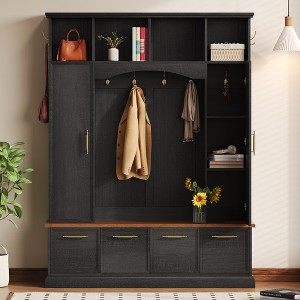 4-in-1 Hall Tree Mudroom Coat Rack Entryway Bench Entryway Shoe Cabinet with Hooks, Adjustable Shelves & Compartment with Flip-down Doors - ModernLuxe - 1 of 4