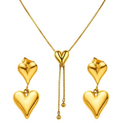 Women's Gold - Toned Titanium Steel Necklace and Earrings Set - Modern Heart Design