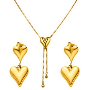 Women's Gold - Toned Titanium Steel Necklace and Earrings Set - Modern Heart Design - 1 of 4