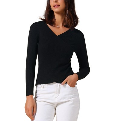 INSPIRE CHIC Women's V-Neck Knitted Ruched Button Decor Long Sleeve Slim Fit T-shirt