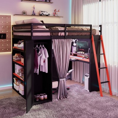 Polibi Full Size Loft Bed with Wardrobe, Desk, Blackout Curtains & RGB App-Controlled Lights