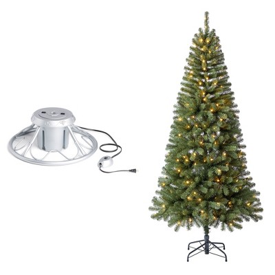 Home Heritage 1-1.75" Christmas Tree Base Rotating Metal Stand with 7' Brighampton Spruce Pre-Lit White LED Lights Artificial Christmas Tree