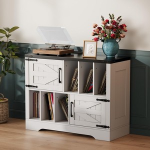 Record Player Stand, 39in Large Farmhouse Wood Vinyl Storage Cabinet Holds Up to 450 Albums with Barn Doors - 1 of 4