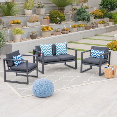 Outdoor 3 Pcs Furniture Set, Sofas with Aluminium Frame and PE Cushions, Conversation Sets with Loveseat and Single Chair-Coolbibila