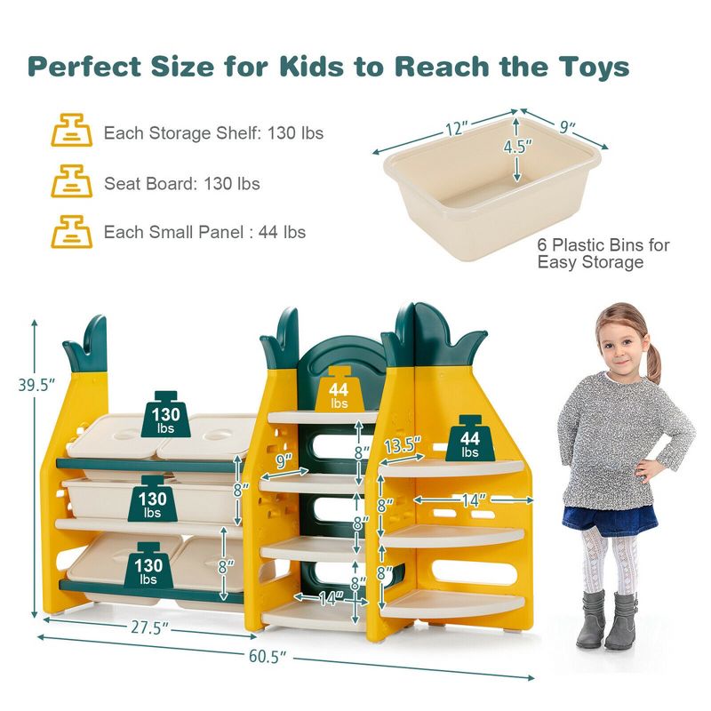 Costway 3-in-1 Kids Toy Storage Organizer Bookshelf Corner Rack w/ Plastic Bins, 2 of 11