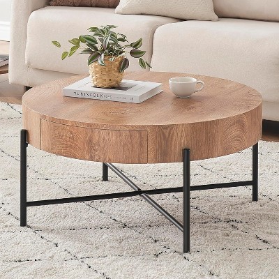 Round Coffee Table with Drawers, 31.9" Vintage Wood Accent Table with Storage for Living Room, Brown/White