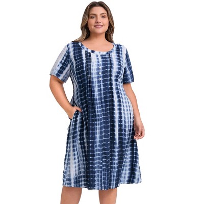 GRACE & GRANDEUR Women's Plus Size Tie Dye Round Neck Short Sleeve Button Decor A Line Dresses