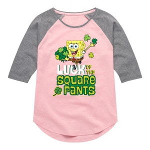 Girls' - SpongeBob Squarepants - Luck Of The Square Pants Shirt Tail Raglan Graphic T-shirt - 1 of 4